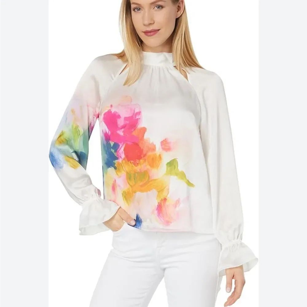 NEW Ted Baker Kattyia White Multicolor High Neck Long Sleeve Blouse Size 2